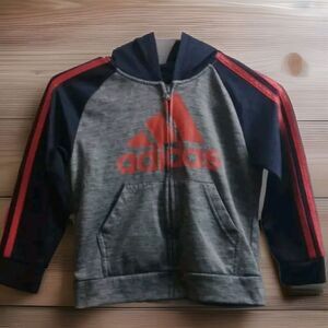 Adidas Lil Boys Hood Tracksuit Jacket Full Zip Navy Gray Orange Size 5